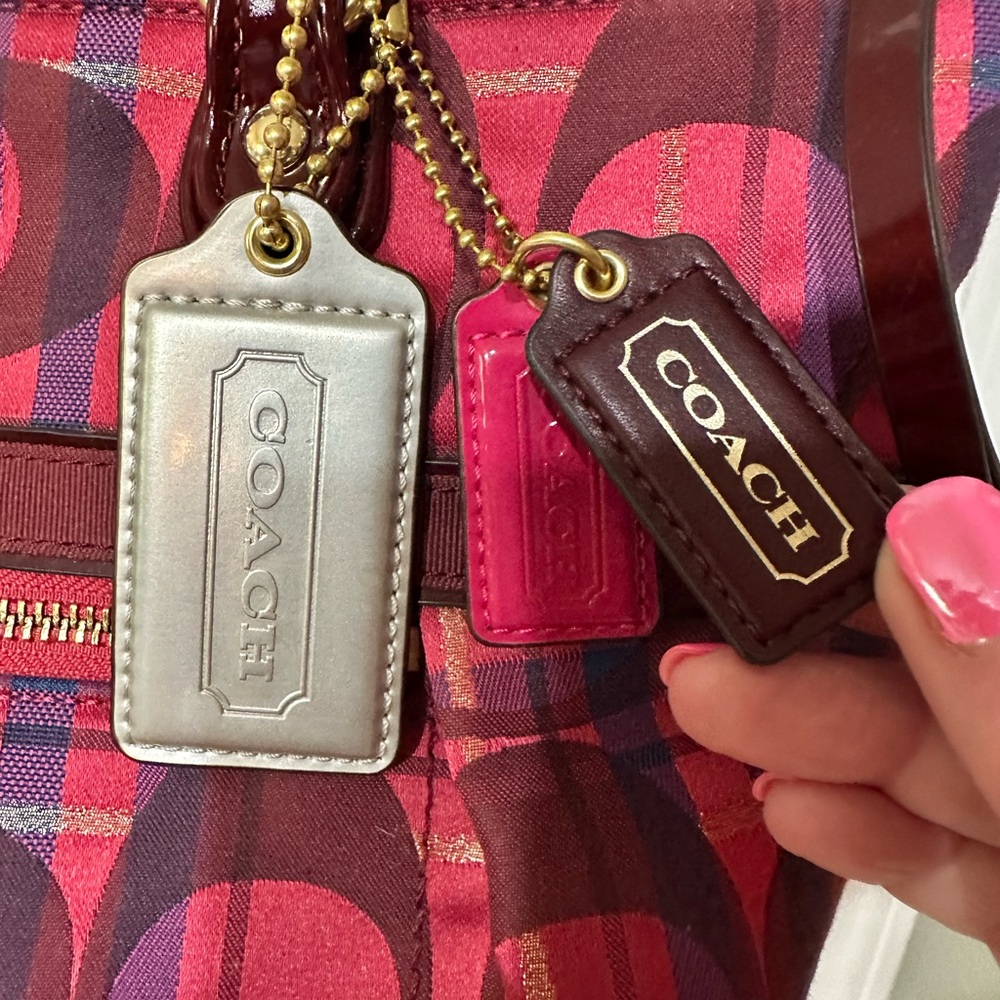 Coach Poppy Plaid Signature Glam Tote Satchel Pink Red Patent Trim EUC - Picture 2 of 11